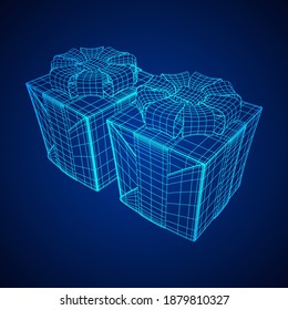 Gift Box with ribbon. Wireframe low poly mesh vector illustration.