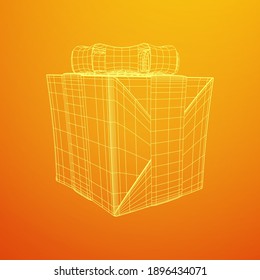 Gift Box with ribbon. Wireframe low poly mesh vector illustration.