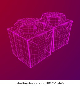Gift Box with ribbon. Wireframe low poly mesh vector illustration.