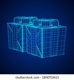 Gift Box with ribbon. Wireframe low poly mesh vector illustration.