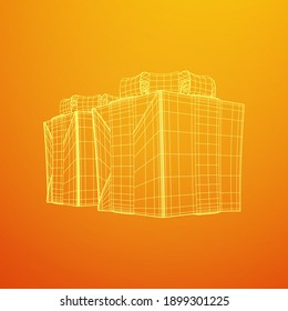 Caja de regalo con cinta. Ilustración vectorial de malla baja de malla de malla de alambre.