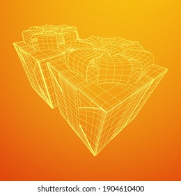 Gift Box with ribbon. Wireframe low poly mesh vector illustration.