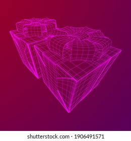 Gift Box with ribbon. Wireframe low poly mesh vector illustration.