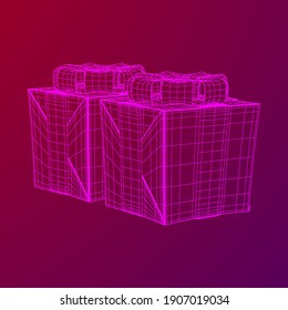 Gift Box with ribbon. Wireframe low poly mesh vector illustration.