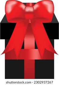 Geschenkbox mit Band.Geschenkbox.Geschenkbox.Schwarze Geschenkbox mit roter Schleife, einzeln auf Weiß.	