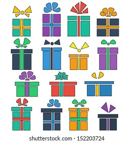 gift box with ribbons and bows in a flat style with a stroke