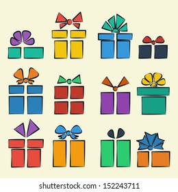 gift box with ribbons and bows in a flat style with a stroke