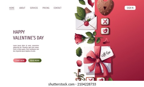 Gift box, rose, petals, gingerbreads, love letter, lock and key. Happy Valentine's Day, Romance, Love concept. Vector illustration for poster, banner, website, advertising.