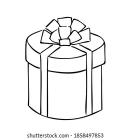 The gift box is round, cylindrical. tied with a ribbon, with a fluffy ribbon bow on top. Contour drawing by hand, vector. 