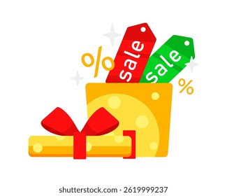 Gift box and sale tags coming out, offering discounts and promotions