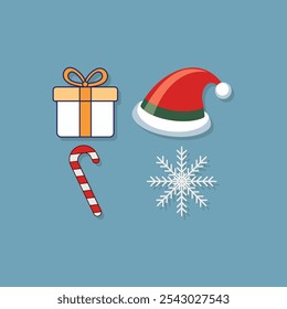 Gift Box, Santa Hat, Candy Cane, Snowflake Cartoon Vector Icon Illustration.