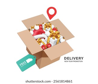 Gift box, Santa hat Claus, Christmas decoration balls are placed in cardboard boxes or parcel boxes. And there is a free shipping promotion tag label below, vector 3d for new year promotion sale