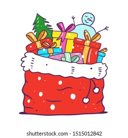 Gift box in Santa red bag flat style vector art illustration isolated on white background