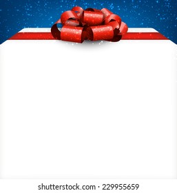 Gift box with satin red bow over blue background. Realistic vector illustration. 