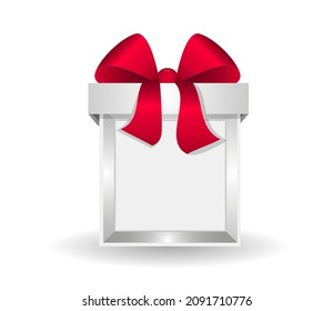 Gift in a box with a scarlet bow. The box is open, empty. Place to insert. Vector illustration, realistic volumetric design, eps10.