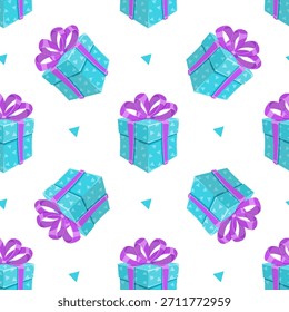 Gift box seamless cartoon pattern with ribbon and bow. Presents wrapped in colorful packages offer surprise elements, perfect for festive background designs.