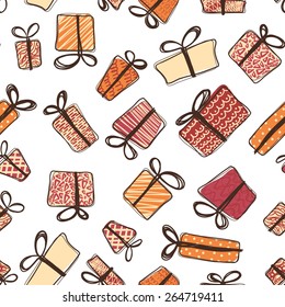 Gift box seamless pattern, background.Outline Hand drawing style. For Backdrop, background, fabric, Wallpaper. Doodle Holiday Vector illustration.