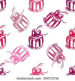 Gift box seamless pattern. Brush strokes hand drawn vector illustration.