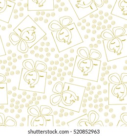 Gift box seamless pattern. Cute gift boxes with face and hands illustration