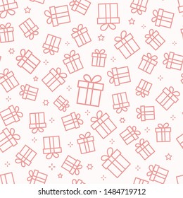 Gift box seamless pattern with icons on white background. Vector illustration.