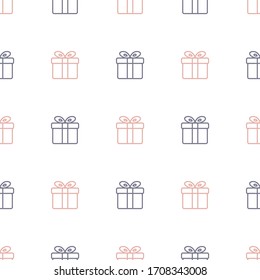 Gift box seamless pattern. Line art.  Christmas, New Year, holidays, birthday background. Vector illustration.