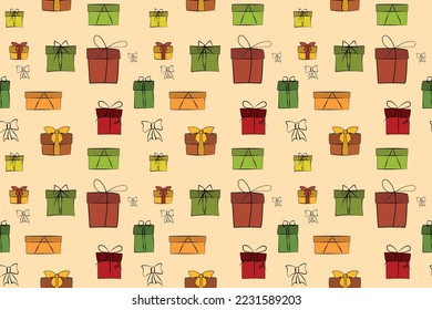 Gift box seamless pattern. Line art. Christmas, New Year, holidays, birthday background. Vector illustration