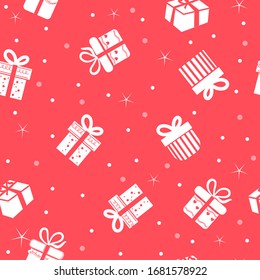 Gift Box Seamless Pattern On Red Background.	