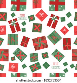 Gift box seamless pattern on white background for holiday wrapping paper, wallpaper, greeting card etc.