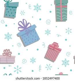 Gift box seamless pattern on white background. Seamless  Pattern with presents. For fabric pattern, background, wrapping paper, bed linen.