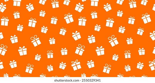 Gift box seamless pattern on orange background. Gift boxes silhouette motif fabric for birthday, package, present, wrap, surpise, shop