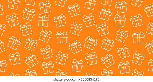 Gift box seamless pattern on orange background. Gift boxes motif fabric for birthday, package, present, wrap, surpise, shop