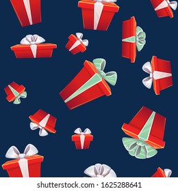 Gift box seamless pattern with presents boxes ribbon bow celebration surprise birthday wrapping paper or textile repeatable decor , vector cartoon . isolated on black  dark blue navy background