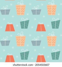 Gift box seamless pattern in scandinavian style. Festive New Year and Christmas design of cards, packaging, textiles. Vector stock illustration. 