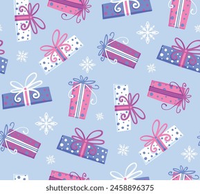 Caja de regalo patrón sin fisuras con fondo de copos de nieve. Presentar adorno. Decoración para cumpleaños y vacaciones. Para tela y textil. Telón de fondo de celebración. Vector