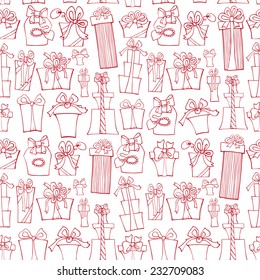 Gift box seamless pattern,background.Outline Hand drawing style.For Backdrop,background,fabric,Wallpaper.Doodle Holiday Vector illustration. 