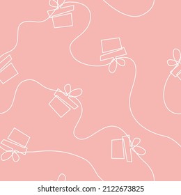 Gift box  seamless vector pattern. Continuous line drawing of gift on rose background. Package background. Vector illustration. 
