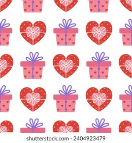 Gift box seamless vector pattern. Holiday containers in the shape of heart, square. Romantic present with polka dots, ribbon, bow. Red and pink cute surprises. Background for Valentines Day, love date