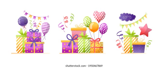 Gift box set for birthday surprise or christmas celebration, vector illustration. Present decoration for holiday design, cartoon bow and ribbon.