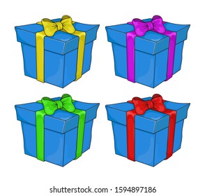 Gift Box Set. Blue Vector Present Boxes Isolated on White Background. Design for christmas or birthday party.