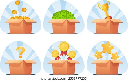 Caja de regalo con bono, monedas, billetes, estrella, medallas, tazas de trofeo y misterioso regalo cerrado con signo de interrogación. Juego, rifa, sorpresa, recompensa en efectivo. Ilustración vectorial de stock