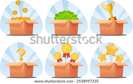 Gift box set with bonus, coins, bills, star, medals, trophy cups and mysterious closed gift with question mark. Game, raffle, surprise, cash reward. Stock vector illustration