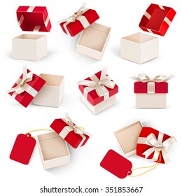 Gift box set with bow and label on white background. Vector illustration