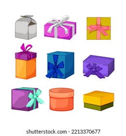gift box set cartoon. present holiday, birthday ribbon, surprise bow, package happy, square gift box vector illustration