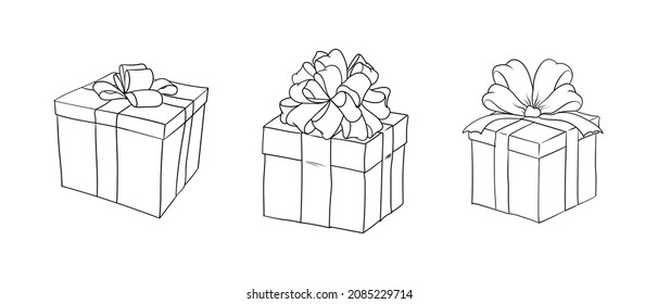 Juego de cajas de regalo. Caja de regalo de Navidad con cinta adhesiva y arco. Ilustración vectorial de línea aislada en fondo blanco. EPS vectorial 10.