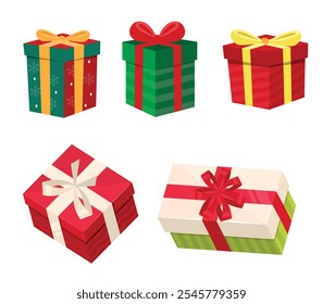 Conjunto de caja de regalo. Caja de regalo de la rosa de las Navidades, estilo plano. Caja de regalo con lazo de cinta aislado sobre fondo blanco. 
