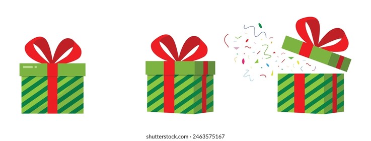 Gift box set with closed and opened surprise box in green color with lines pattern. Gift box with ribbon flat style. New year or Christmas present, gift box. Vector Gift.