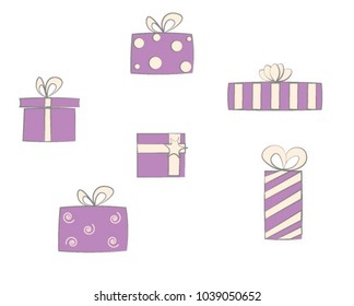 Gift box set. Collection for christmas, valentines day, birthday. Hand drawing signs of presents isolated on white, vector illustration. Giftboxes for design greeting card