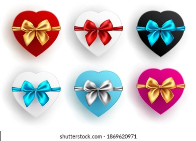 Gift box set. Collection of different present boxes isolated on white background. Heart shape with bow, top view