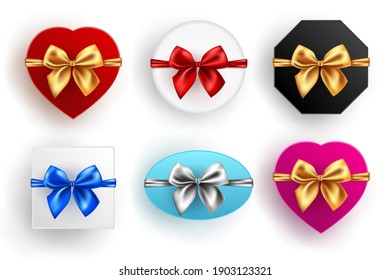 Gift box set. Collection of different present boxes isolated on white background. Various colored shapes with bow, top view