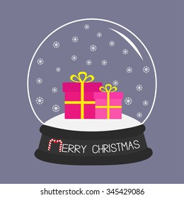 Geschenkbox Set Kristallkugel mit Schneeflocken.  violetter Hintergrund. Fröhliche Weihnachtskarte Flaches Design Vektorgrafik